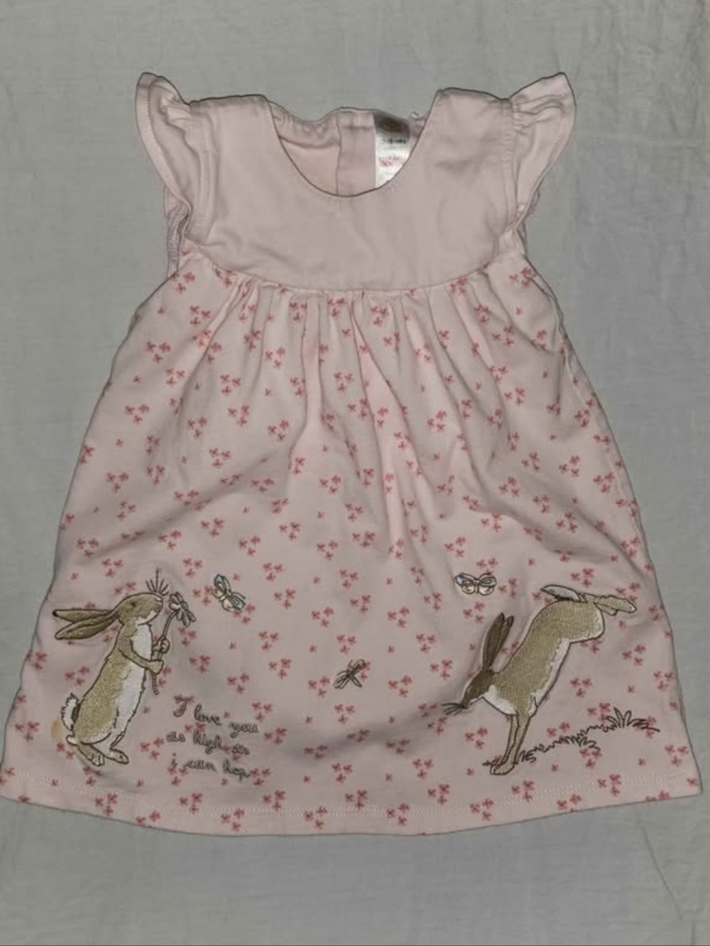 Tu Guess How Much I Love You Pink Baby Dress Bodysuit with Bunny Embroidery